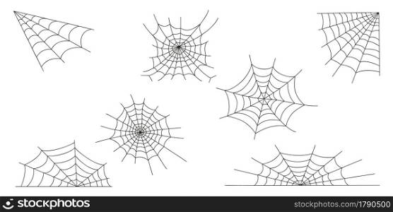 Cobweb icons set isolated on white background. Spider web textures, elements for Halloween party decoration. Vector outline illustration.. Cobweb set isolated on white background. Spider web textures, elements for Halloween party decoration. Vector outline illustration