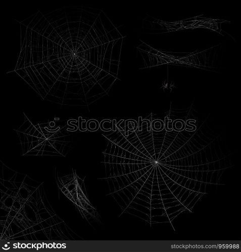 Cobweb. Spider web halloween decor elements, gossamer trap. Spooky fearful and horror silhouettes for tattoo realistic vector transparent dark isolated net set. Cobweb. Spider web halloween decor elements, gossamer trap. Spooky fearful and horror silhouettes for tattoo realistic vector set