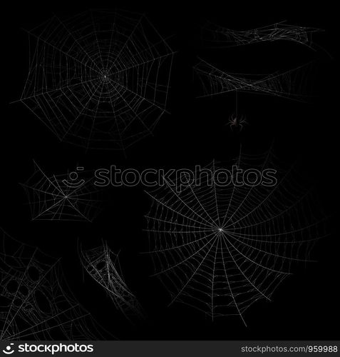 Cobweb. Spider web halloween decor elements, gossamer trap. Spooky fearful and horror silhouettes for tattoo realistic vector transparent dark isolated net set. Cobweb. Spider web halloween decor elements, gossamer trap. Spooky fearful and horror silhouettes for tattoo realistic vector set