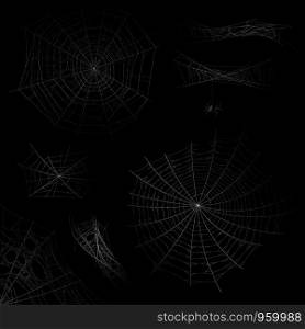 Cobweb. Spider web halloween decor elements, gossamer trap. Spooky fearful and horror silhouettes for tattoo realistic vector transparent dark isolated net set. Cobweb. Spider web halloween decor elements, gossamer trap. Spooky fearful and horror silhouettes for tattoo realistic vector set