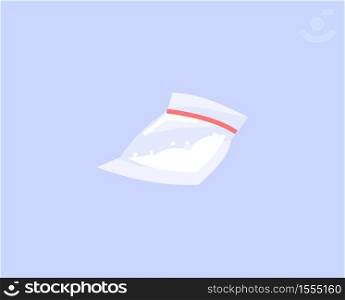 Cocaine bag semi flat RGB color vector illustration. Heroin addiction, synthetic drugs abuse, narcotics dependency. Plastic package with white powder isolated cartoon object on blue background. Cocaine bag semi flat RGB color vector illustration