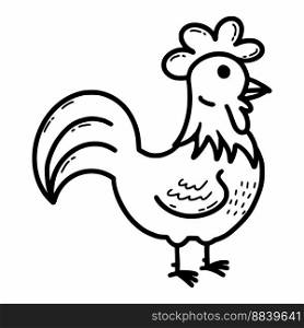 Cock. Bird on farm. Coloring book for kids. Vector doodle illustration.