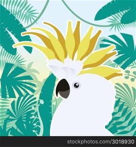 Cockatoo on the Jungle Background. Flat Vector image of the Cockatoo on the Jungle Background