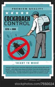 Cockroach control, man in protective mask exterminating termites. Vector retro exterminator worker with balloon spraying bugs insects. Container with toxic insecticide, disinfection, home protection. Exterminator in protective suit, cockroach control