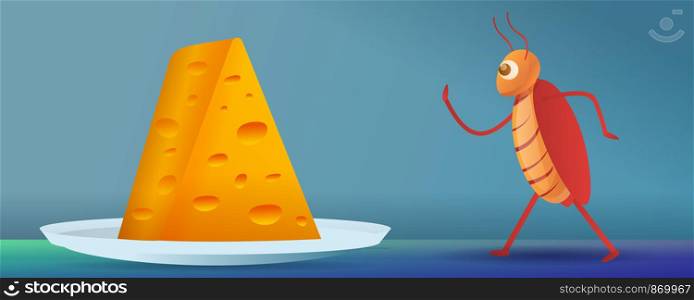 Cockroach going to cheese piece concept banner. Cartoon illustration of cockroach going to cheese piece vector concept banner for web design. Cockroach going to cheese piece concept banner, cartoon style