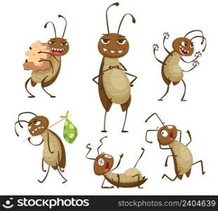 Cockroach poses. Bad hygiene insects disgusted animals dirt bugs pest exact vector collection cockroachs characters in cartoon style. Roach brown, dirt parasite illustration. Cockroach poses. Bad hygiene roach insects disgusted animals dirt bugs pest exact vector collection cockroachs characters in cartoon style