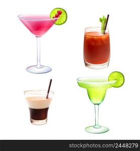 Cocktail alcohol drinks realistic decorative icons set with cosmopolitan bloody mary b-52 margarita isolated vector illustration
