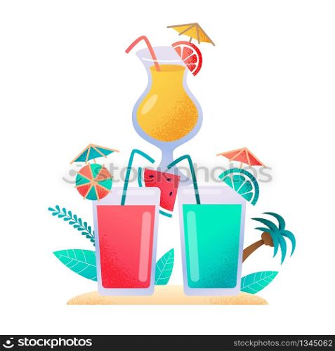 Cocktail and Fresh Juice Drink Menu Flat Banner. Alcoholic Beverage and Refreshing Lemonade in Glass with Straws, Umbrellas, Fruit Slices Decor. Vector Advertisement Template. Creative Illustration. Cocktail and Fresh Juice Drink Menu Flat Banner