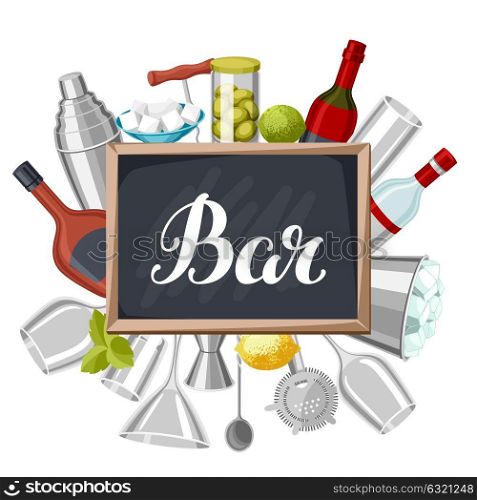 Cocktail bar background. Essential tools, glassware, mixers and garnishes.. Cocktail bar background. Essential tools, glassware, mixers and garnishes