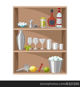 Cocktail bar background. Essential tools, glassware, mixers and garnishes.. Cocktail bar background. Essential tools, glassware, mixers and garnishes