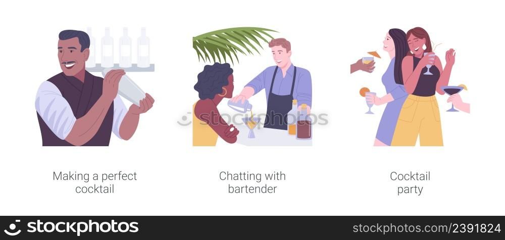 Cocktail bar isolated cartoon vector illustrations set. Bartender holding shaker in hands and making cocktail, girl talking with barman, people dancing and drinking at party in bar vector cartoon.. Cocktail bar isolated cartoon vector illustrations set.