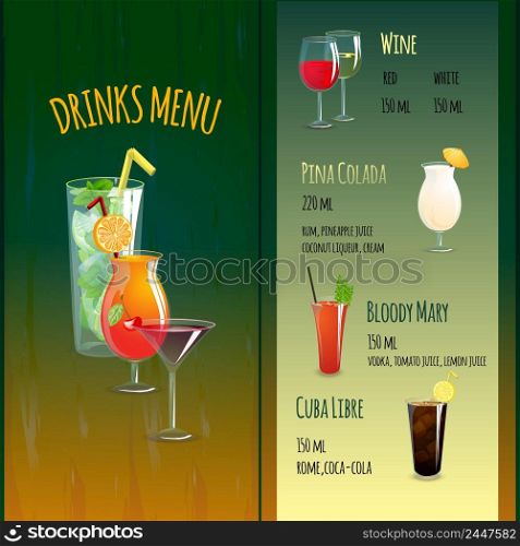 Cocktail bar menu brochure template with alcohol drinks symbols vector illustration. Cocktail Bar Menu