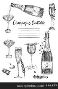 Cocktail bar menu design template set in retro style Isolated on gray background. Hand drawn glass and bottle champagne. Vintage wine card. Alcohol beverage symbol. Graphic vector illustration art.. Cocktail bar menu design template set in retro style Isolated on gray background. Hand drawn glass and bottle champagne. Vintage wine card. Alcohol beverage symbol.