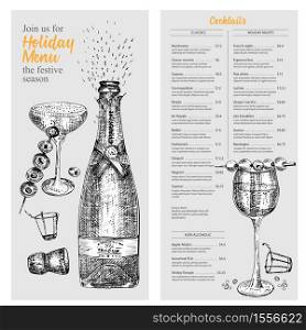 Cocktail bar menu design template set in retro style Isolated on gray background. Hand drawn glass and bottle champagne. Vintage wine card. Alcohol beverage symbol. Graphic vector illustration art.. Cocktail bar menu design template set in retro style Isolated on gray background. Hand drawn glass and bottle champagne. Vintage wine card. Alcohol beverage symbol.