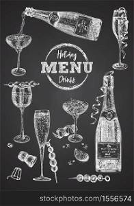 Cocktail bar menu design template set in retro style Isolated on on black chalckboard background. Hand drawn glass and bottle champagne. Vintage wine card. Alcohol beverage symbol. Vector illustration. Cocktail bar menu design template set in retro style Isolated on on black chalckboard background. Hand drawn glass and bottle champagne. Vintage wine card. Alcohol beverage symbol.