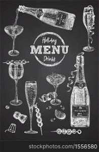 Cocktail bar menu design template set in retro style Isolated on on black chalckboard background. Hand drawn glass and bottle champagne. Vintage wine card. Alcohol beverage symbol. Vector illustration. Cocktail bar menu design template set in retro style Isolated on on black chalckboard background. Hand drawn glass and bottle champagne. Vintage wine card. Alcohol beverage symbol.