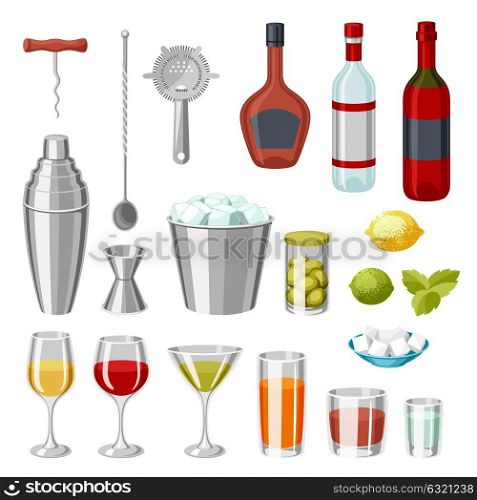 Cocktail bar set. Essential tools, glassware, mixers and garnishes.. Cocktail bar set. Essential tools, glassware, mixers and garnishes