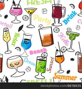 Cocktail beverages seamless pattern background. Cocktail party collection main type swith text vintage design, vector illustration. For wrapping paper, textile, wallpaper. Cocktail beverages seamless pattern background