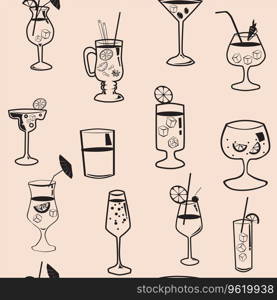 Cocktail beverages seamless pattern background. Cocktail party collection main types vintage design, vector illustration. For wrapping paper, textile, wallpaper. Cocktail beverages seamless pattern background