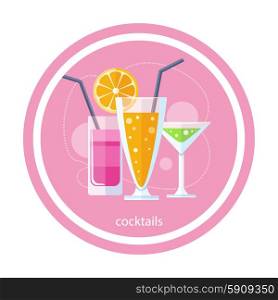 Cocktail drink fruit juice in flat design style. Retro style holiday cocktails. Set of alcoholic cocktails. Set of alcoholic cocktails