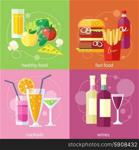 Cocktail drink fruit juice. Organic health food products. Fast food icons of french fries hamburger soda drink. Wine glass and bottle in flat design style on stylish background