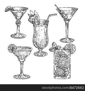 cocktail drink set hand drawn vector. bar alcohol glass, ice gin, party vodka liquor beverage, summer juice cocktail drink sketch. isolated black illustration. cocktail drink set sketch hand drawn vector