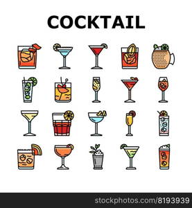 cocktail glass drink alcohol bar icons set vector. martini ice wine, party vodka cup, margarita beverage, mojito juice, ch&agne lemon cocktail glass drink alcohol bar color line illustrations. cocktail glass drink alcohol bar icons set vector