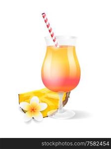 Cocktail glass with pineapple isolated icon vector. Beverage served with fruit slice and tropical plant in bloom. Exotic flower and drink with straw. Cocktail Glass Pineapple Icon Vector Illustration