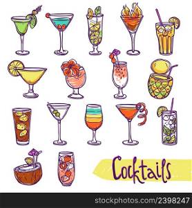 Cocktail glasses cold summer party refreshment sketch set isolated vector illustration. Cocktail Sketch Set