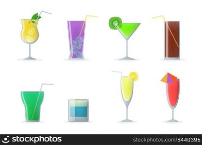 Cocktail glasses set. Colorful cold drinks with straws, vermouth, mojito, gin. Vector illustration for summer party, bar, alcoholic beverages concept