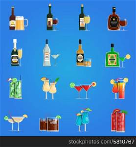 Cocktail icons flat set with alcohol drinks in bottles and glasses isolated vector illustration. Cocktail Icons Flat Set