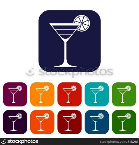 Cocktail icons set vector illustration in flat style in colors red, blue, green, and other. Cocktail icons set