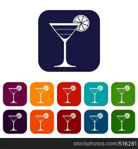 Cocktail icons set vector illustration in flat style in colors red, blue, green, and other. Cocktail icons set