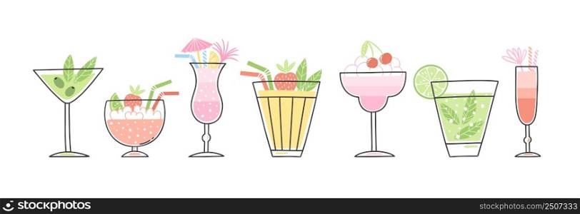 Cocktail illustrations in hand-drawn style. Colorful summer clipart set. Isolated vector holiday design with decorative elements. Juicy tasty beverages.