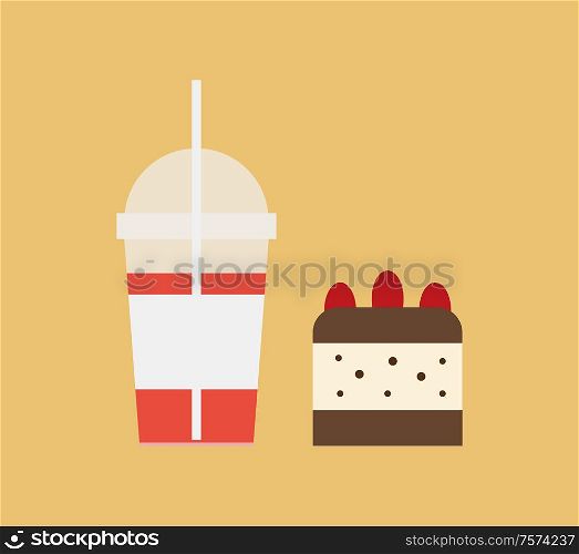 Cocktail in disposable cup with straw and sweet dessert isolated. Vector milkshake and piece of cake with chocolate and red berries, tasty food snack. Cocktail in Disposable Cup with Straw and Dessert