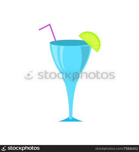 Cocktail in glass vector, drinks served with cut lime and straw. Liquor for partying, alcoholic beverage with fresh ingredients, refreshing juice liquid. Cocktail in Glass Served with Cut Lime and Straw