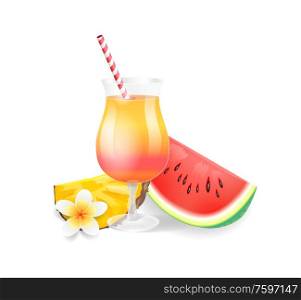 Cocktail in glass, watermelon isolated icons set vector. Pineapple slice and flowering, tropical flower and beverage in wine glass with striped straw. Cocktail in Glass Watermelon Vector Illustration