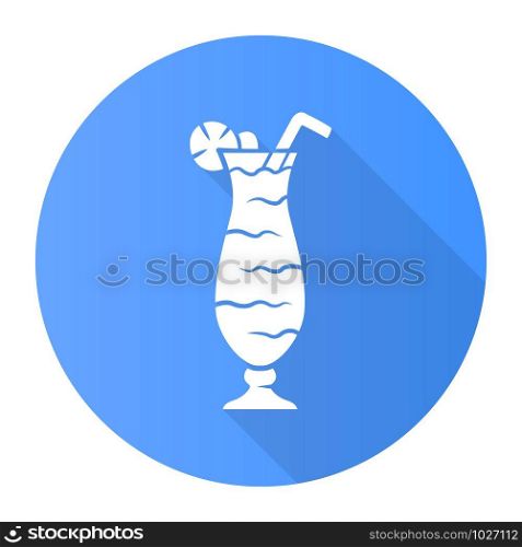 Cocktail in hurricane glass blue flat design long shadow glyph icon. Tumbler with tall beverage, slice of lemon and straw. Mixed alcohol drink with rum and fruit juice. Vector silhouette illustration