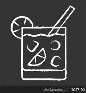 Cocktail in lowball glass chalk icon. Refreshing alcohol cold drink in old fashioned tumbler. Mixed beverage with ice, slice of citrus and straw. Isolated vector chalkboard illustration