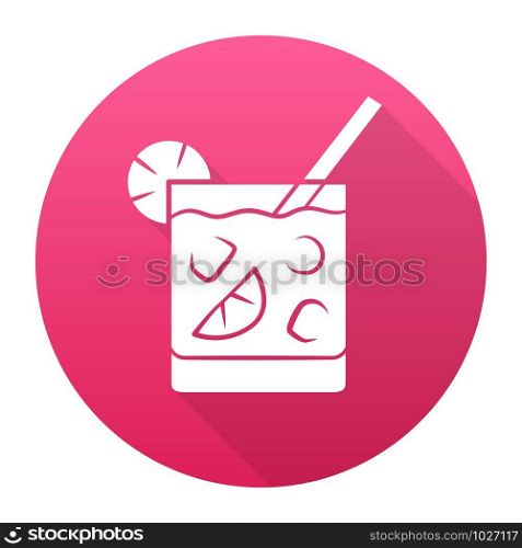Cocktail in lowball glass red flat design long shadow glyph icon. Alcohol cold drink in old fashioned tumbler. Mixed beverage with ice, slice of citrus and straw. Vector silhouette illustration