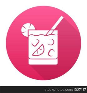 Cocktail in lowball glass red flat design long shadow glyph icon. Alcohol cold drink in old fashioned tumbler. Mixed beverage with ice, slice of citrus and straw. Vector silhouette illustration
