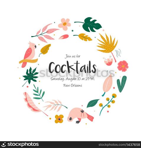 Cocktail invitation with flowers, birds and palm leaves.