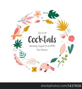 Cocktail invitation with flowers, birds and palm leaves.