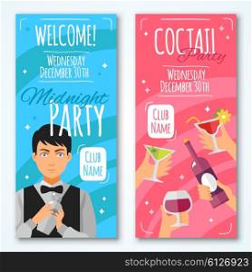 Cocktail Invitations Design Set . Flat cocktail invitations to midnight party with barmen and hands with wineglasses and bottle in retro style vector illustration