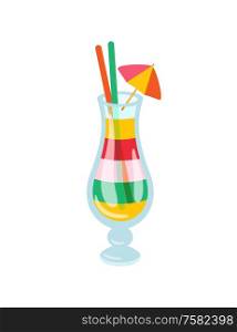 Cocktail made in layers vector, exotic alcoholic drink with tropic decoration. Umbrellas and straws in glass cup with liquid alcohol, shot isolated icon. Cocktail Served with Umbrella Straws Decoration