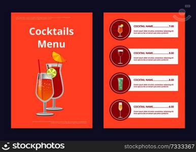 Cocktail menu advertisement poster with closeup of lemonade full of bubbles vector illustration of drinks ingredients, types and price on orange. Cocktail Menu Advertisement Poster with Prices