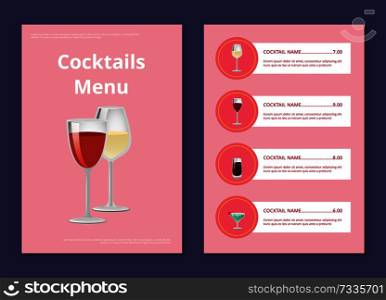Cocktail menu advertisement poster with closeup of wineglasses, vector of drinks ingredients, types and price on pink background, shop list design. Cocktail Menu Advertisement Poster with Prices