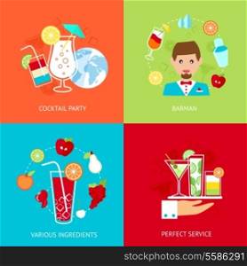 Cocktail party barman various ingredients perfect service decorative icons set isolated vector illustration