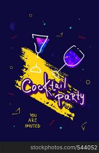 Cocktail party card template. Holiday banner with drink glasses, brush line, shine decoration and creative lettering. Event invitation ultra violet flyer. Vector illustration.