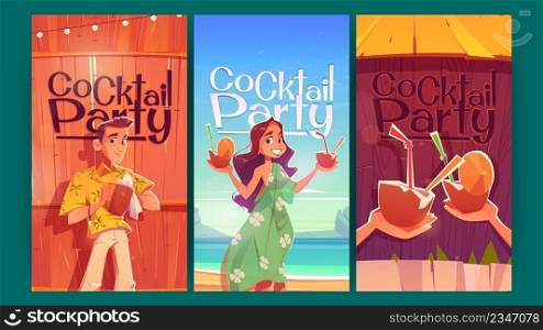 Cocktail party cartoon posters, invitation flyers with smiling woman wearing summer dress holding coconut drinks and barman wipe cup. Vector promo cards for exotic hawaiian beach resort bar recreation. Cocktail party cartoon posters, invitation flyers